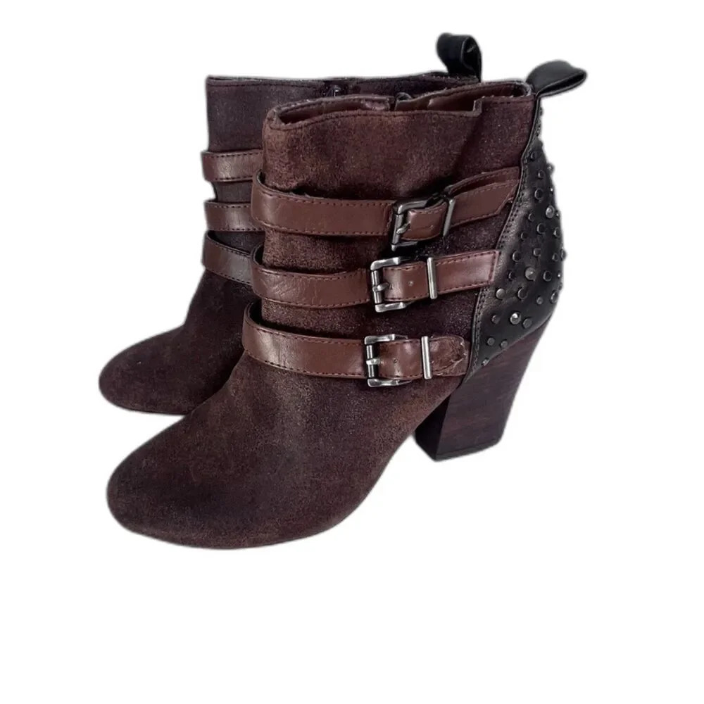 Jessica‎ Simpson Catie Brown Buckle & Studded Side Zip Ankle Booties Size 8.5B